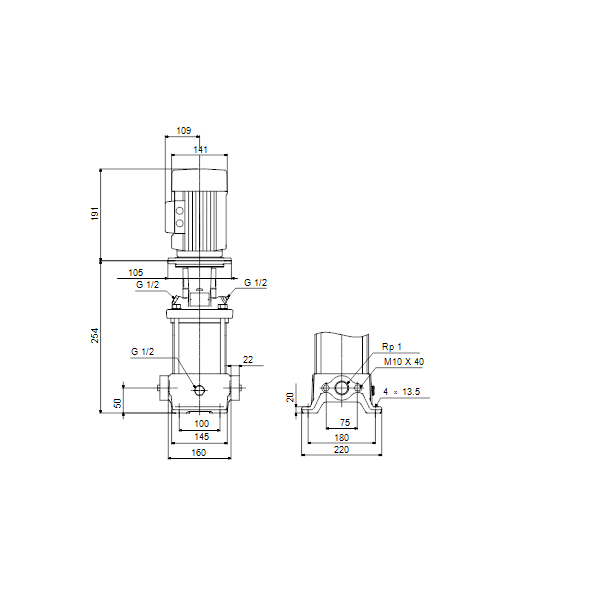 Вертикальный многоступенчатый центробежный насос Grundfos CR 1-2 A-A-A-E-HQQE артикул 96516169 – габаритный чертеж