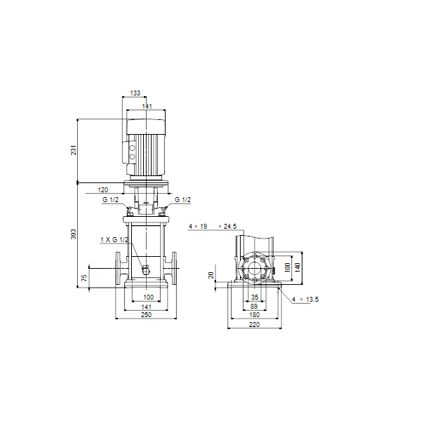 Вертикальный многоступенчатый центробежный насос Grundfos CR 1-9 A-FGJ-A-V-HQQV артикул 96556390 – габаритный чертеж
