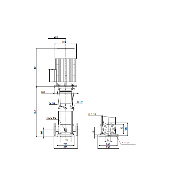 Вертикальный многоступенчатый центробежный насос Grundfos CR 32-5 A-F-A-V-HQQV артикул 96122043 – габаритный чертеж
