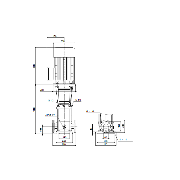 Вертикальный многоступенчатый центробежный насос Grundfos CR 45-10-2 A-F-A-V-HQQV артикул 96122839 – габаритный чертеж