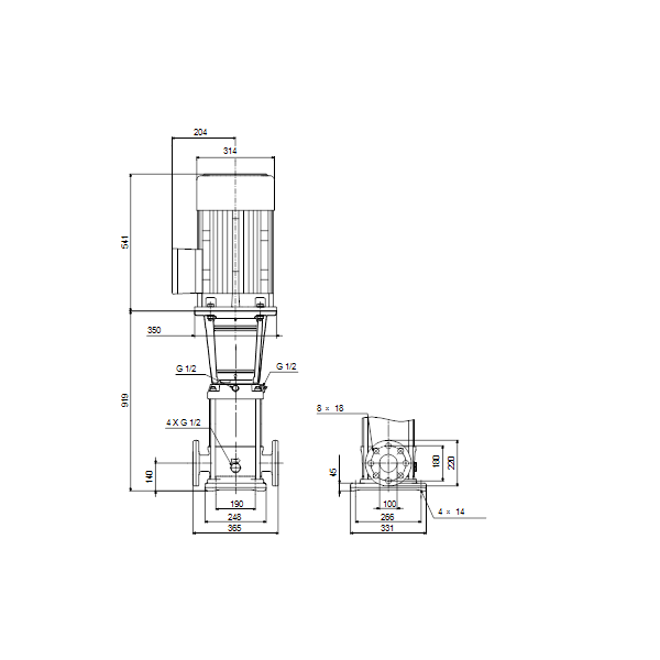 Вертикальный многоступенчатый центробежный насос Grundfos CR 64-4 A-F-A-V-HQQV артикул 96123558 – габаритный чертеж