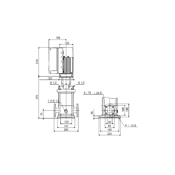 Вертикальный многоступенчатый центробежный насос Grundfos CRE 3-8 A-FGJ-A-E-HQQE артикул 98389692 – габаритный чертеж