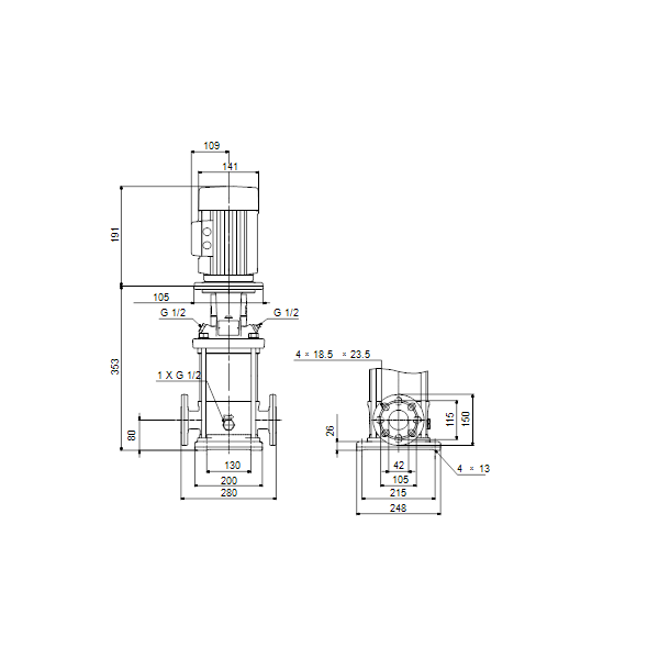 Вертикальный многоступенчатый центробежный насос Grundfos CRN 10-1 A-FGJ-A-E-HQQE артикул 96501056 – габаритный чертеж