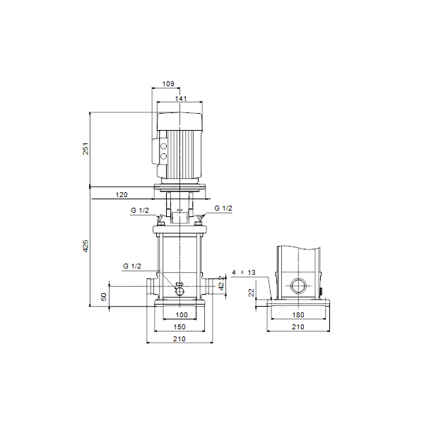 Вертикальный многоступенчатый центробежный насос Grundfos CRN 3-12 A-P-A-V-HQQV артикул 96516924 – габаритный чертеж