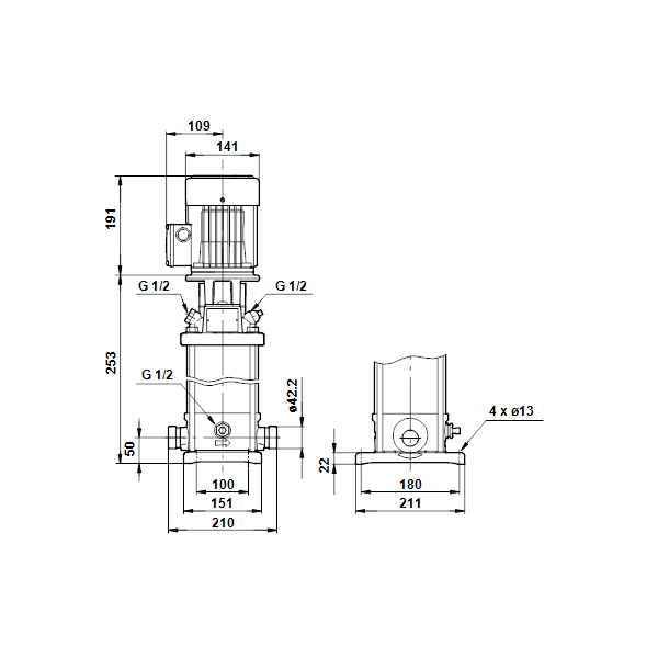Вертикальный многоступенчатый центробежный насос Grundfos CRT 2-3 A-P-A-E-AUUE артикул 96100302 – габаритный чертеж