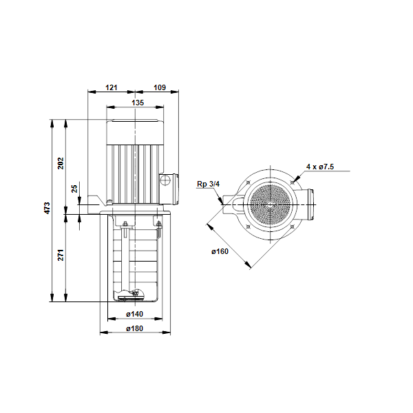 Полупогружной насос Grundfos MTH2-100/1 A-W-I-AQQV артикул 43681101 – габаритный чертеж