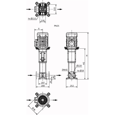 Габаритный чертеж насоса Wilo HELIX V 1007-1/25/E/KS/400-50